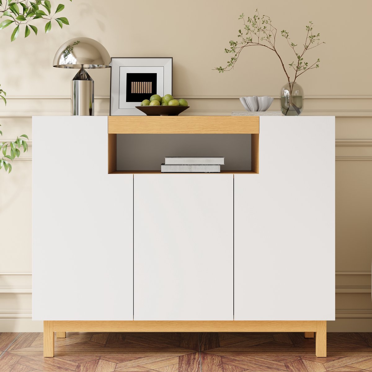 VVBV Dressoir wit / Buffetkast – met Opbergruimte – Afmetingen 120.5x42x96 cm – Sideboard/Buffetkast met 3 Deuren – Modern Wit Design White