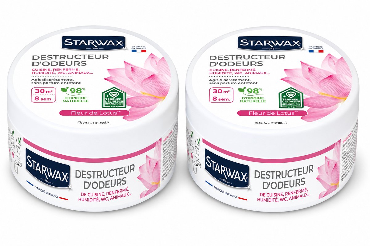 Starwax Geurverdrijver Fleur de Lotus 300 g - Set van 2 Stuks - Natuurlijke Luchtverfrisser Geurneutralisator - 8 Weken Werking tot 30 m² - 98% Natuurlijke Oorsprong - Made in France