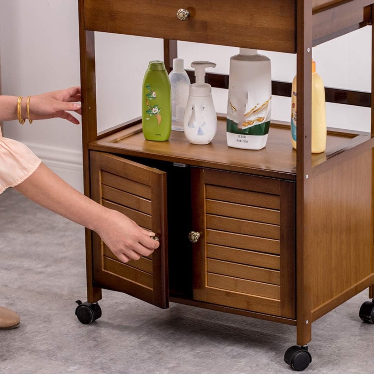 Serveertrolley op Wielen met Lade – Bamboe Keuken Opbergrek & Buffet Kar – Multifunctionele Houten Serveerwagen met Remmen – Retro Design – Mobili Bella