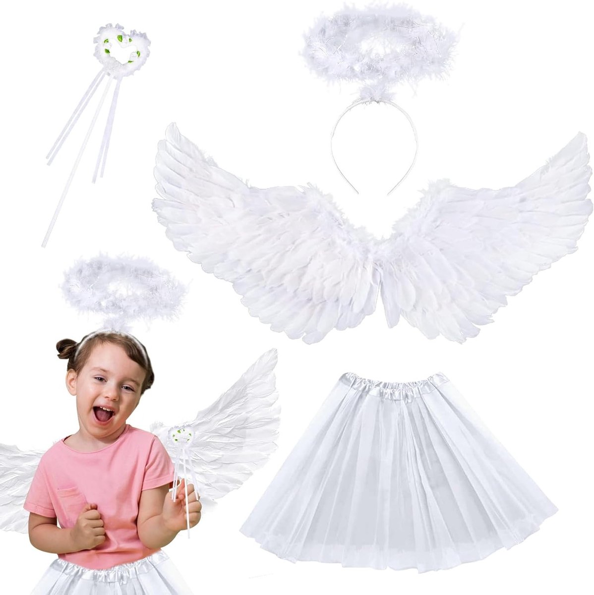 Witte Engel Kostuum voor Kinderen met TuTu Rok, Veren Vleugels, Halo en Toverstaf voor Carnaval en Cosplay