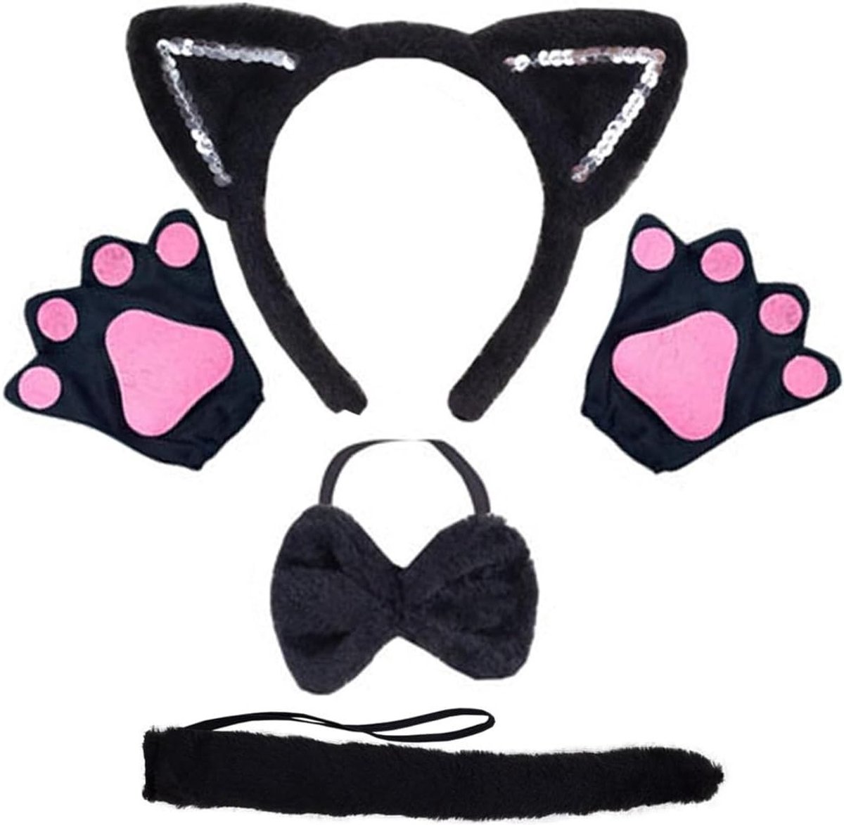 Schattige kattenkostuumset met pluche klauwen, oren, staart en halsband voor kinderen (Zwart)