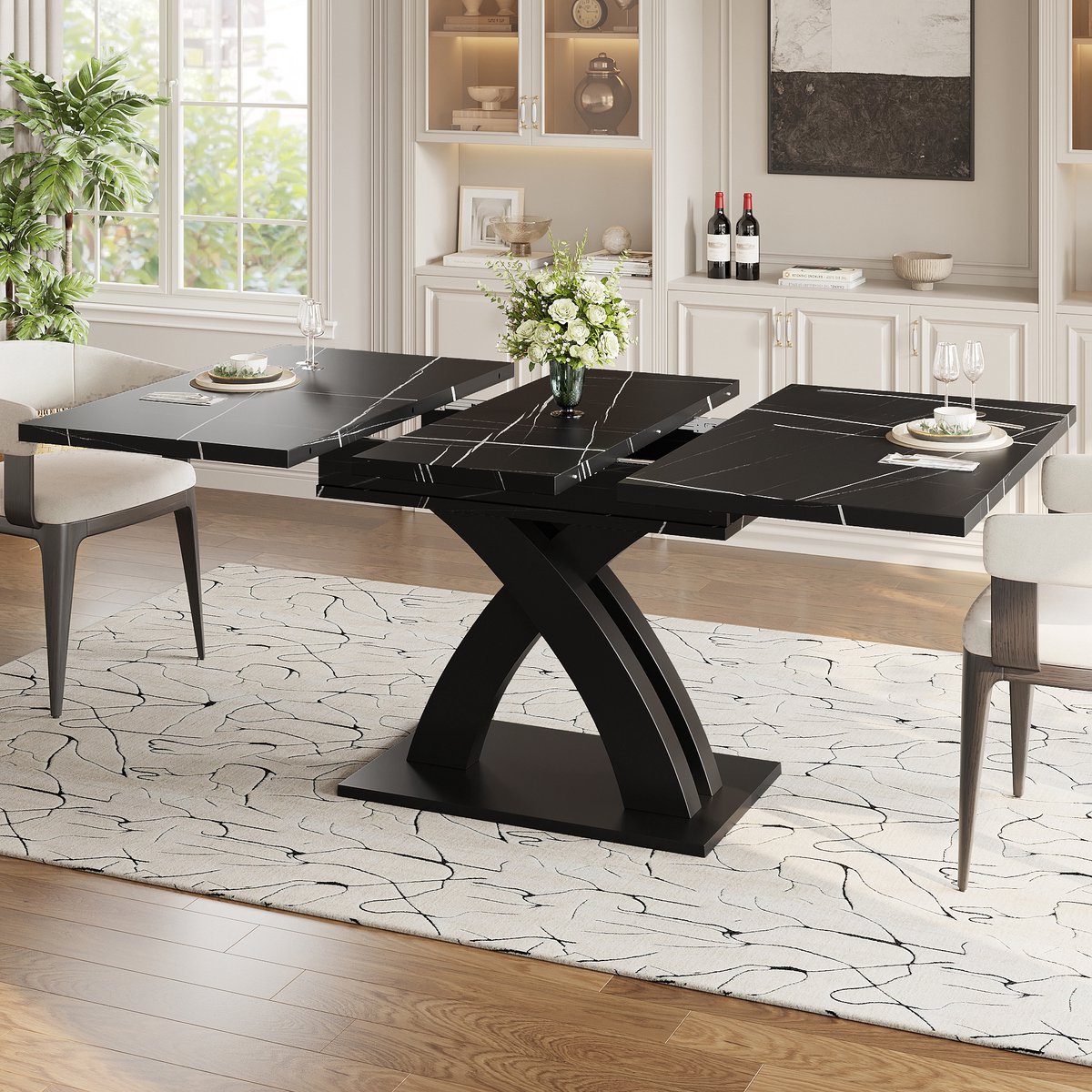 MODFU Eettafel - Uitschuifbaar En X-Vormig Onderstel - Voor Keuken Of Woonkamer - MDF En Metaal - Zwart - 120-160 X 80 Cm