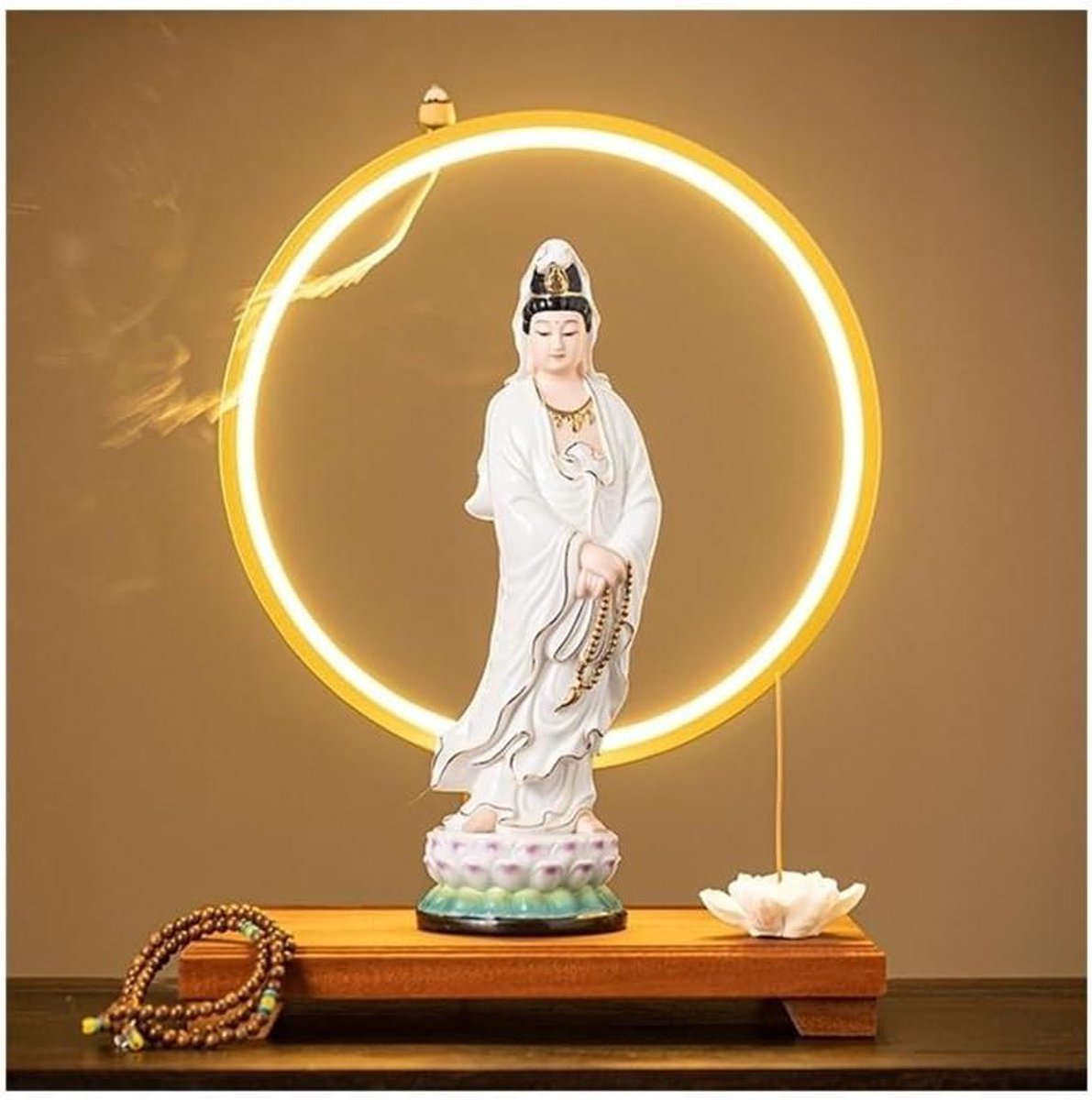 Boeddha beeld Witte keramische Boeddhabeeld Ornament Kantoor Woonkamer Zen Feng Shui Decoratie met Voet en Lichtring Feng Shui Decoratie