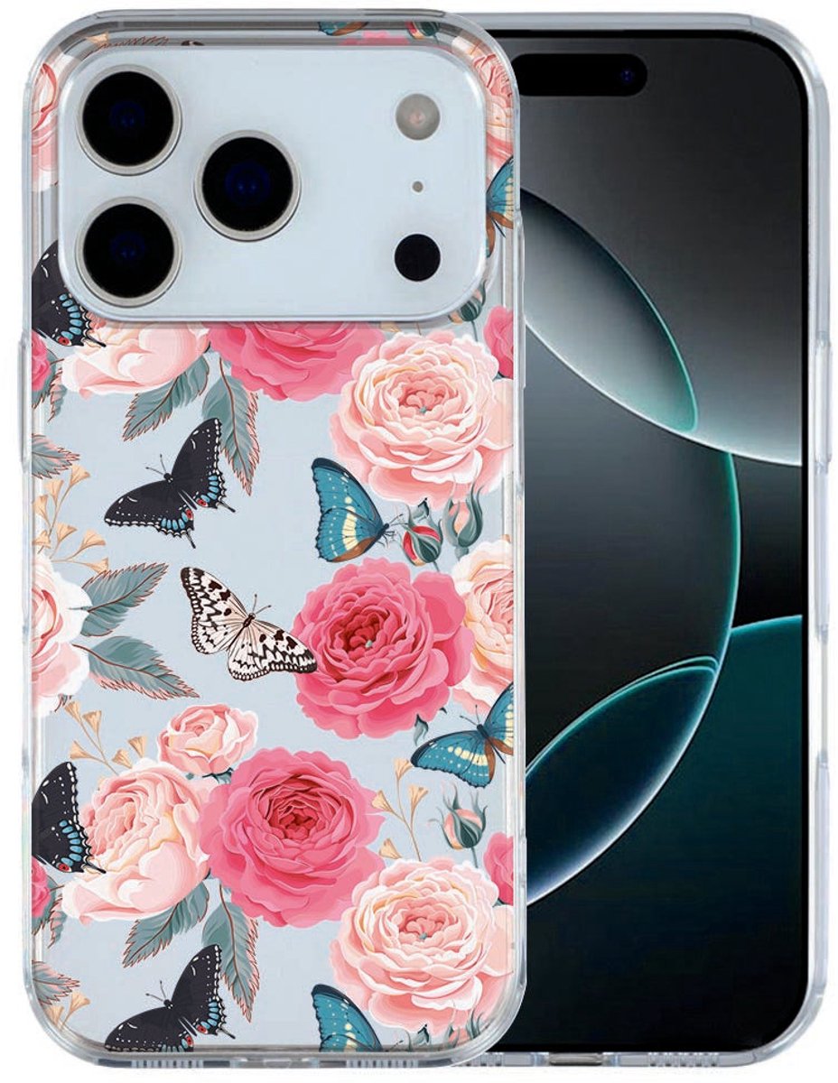 iPhone 17 Pro Max Hoesje Butterfly Roses – TPU Cover met Vlinders en Rozen