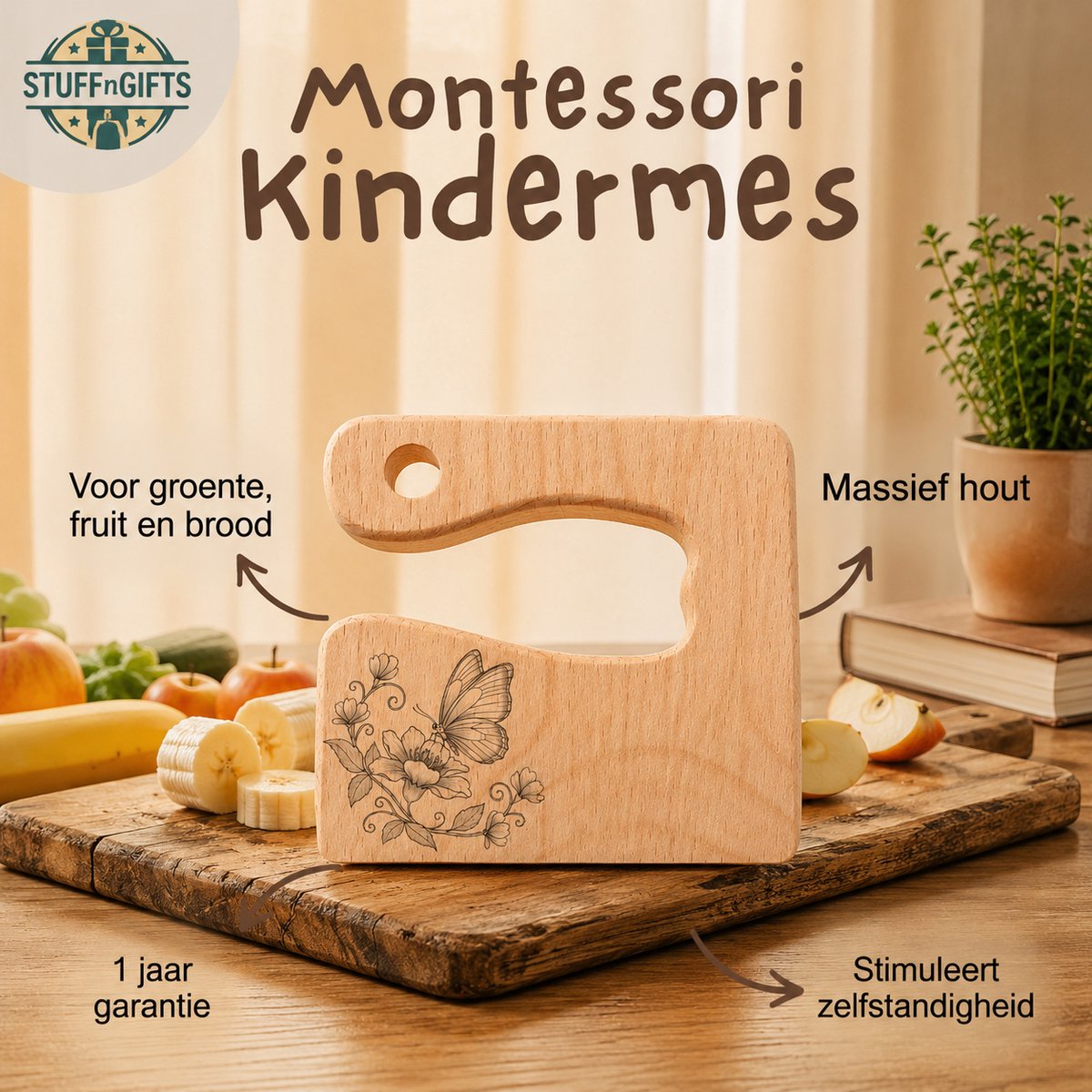 Montessori Houten Kindermes Vlinder editie - Kinder Koksmes - Peuter kok - Vlinder
