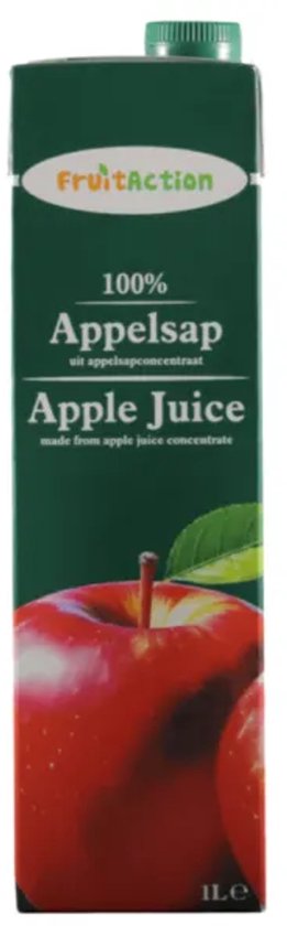 Groene kartonnen verpakking van 1 liter Fruit Action appelsap met een afbeelding van een rode appel.
