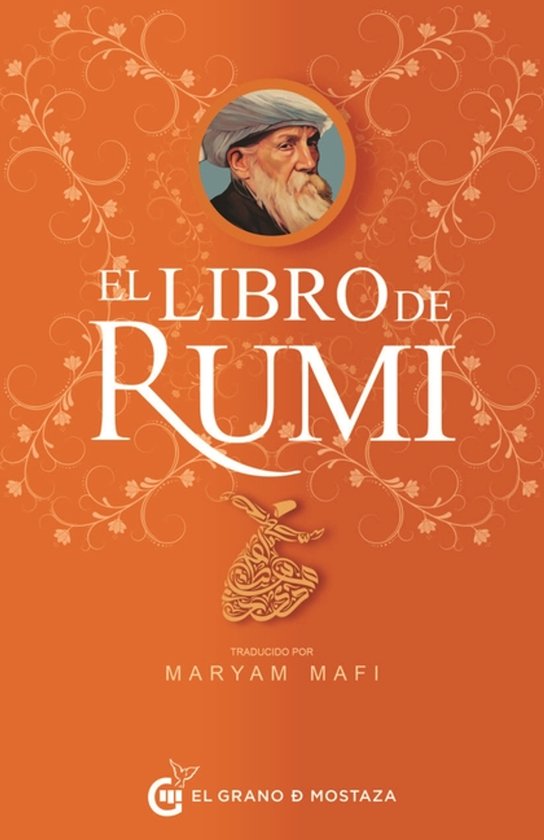 Le Livre de Rumi, avec un portrait d'homme en turban et un derviche tourneur doré sur fond orange.