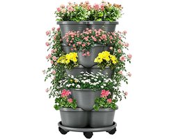 Verticale plantenbak - Kweektoren stapelbaar - Planten binnenshuis - Met verrijdbare basis - 5 etages - Grijs