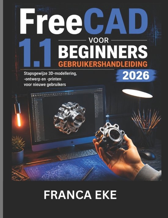 Boekomslag van "FreeCAD 1.1 voor Beginners Gebruikershandleiding 2026" met een computer waarop een 3D-model wordt getoond en een hand die een 3D-geprint object vasthoudt.