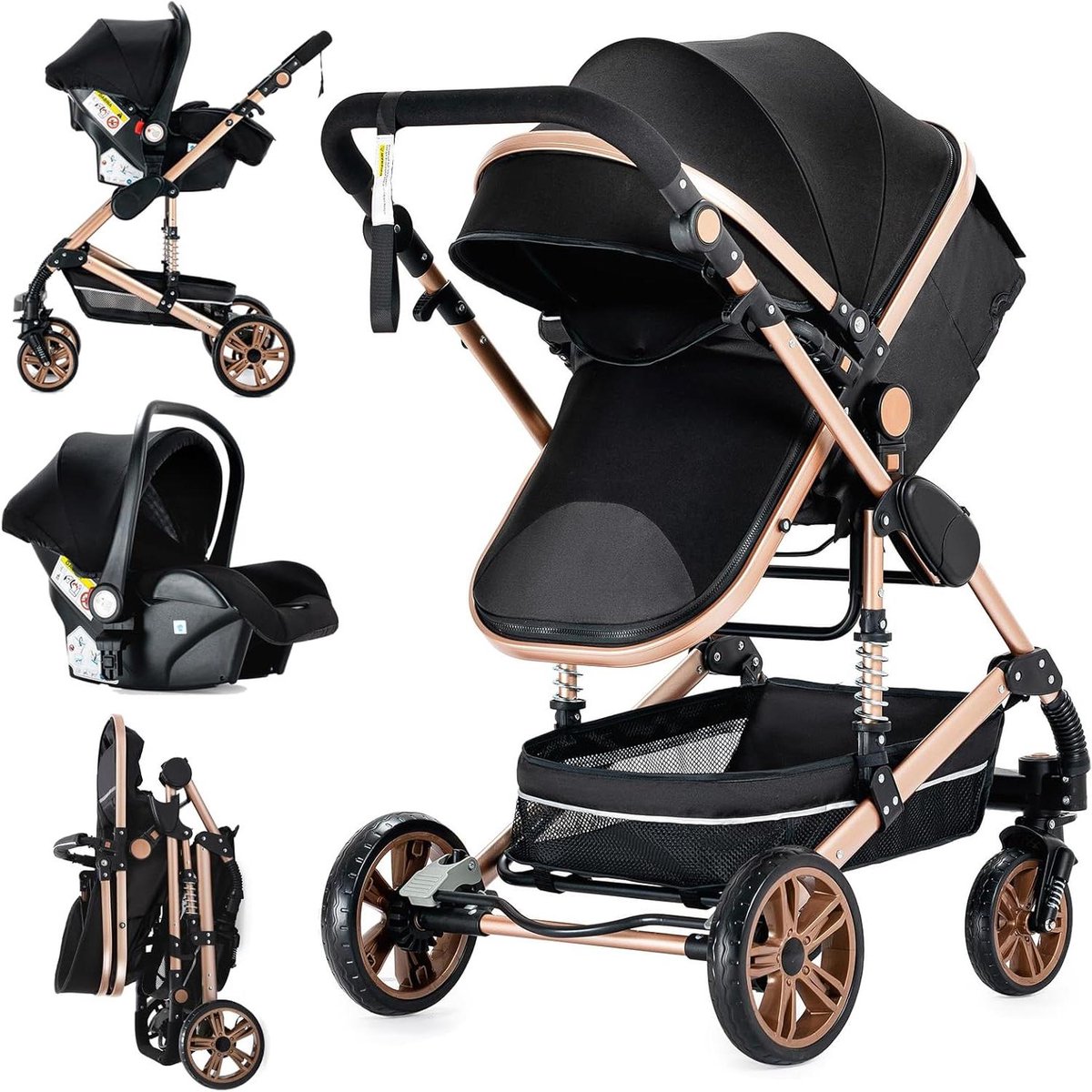 Kinderwagen 3-in-1 - Modulaire wandelwagen - Baby vervoer - Dubbele duwrichting - 82 x 61 x 105 cm - Zwart goud