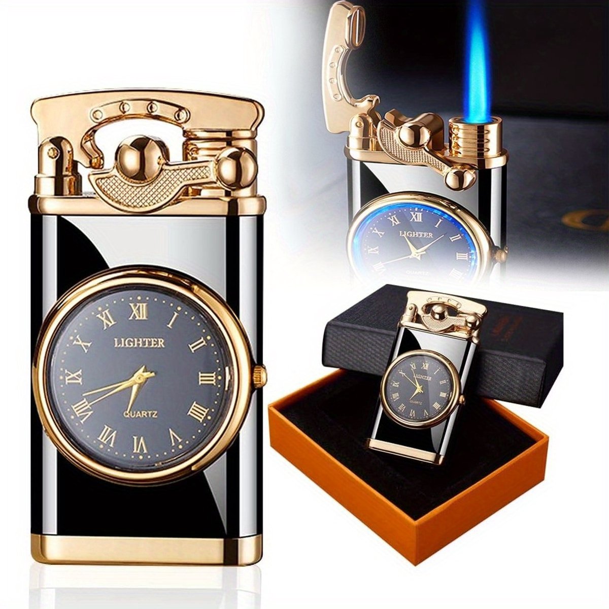 Aansteker Met Elektrisch Horloge-Creatieve Wijzerplaat Rocker Arm Opblaasbare Aansteker-Winddichte Draagbare Kaarsaansteker-Jet Flame Mini-Zaklampaansteker Voor Grills Bbq-Open Haarden Camping (Zwart)
