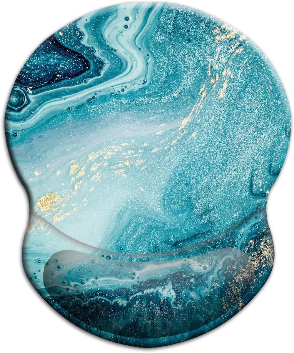 Ergonomische Muismat met Gel Polssteun, Gaming Muismat van Lycra, Antislip Onderkant voor Computer en Laptop, Blauw Marmer Goud