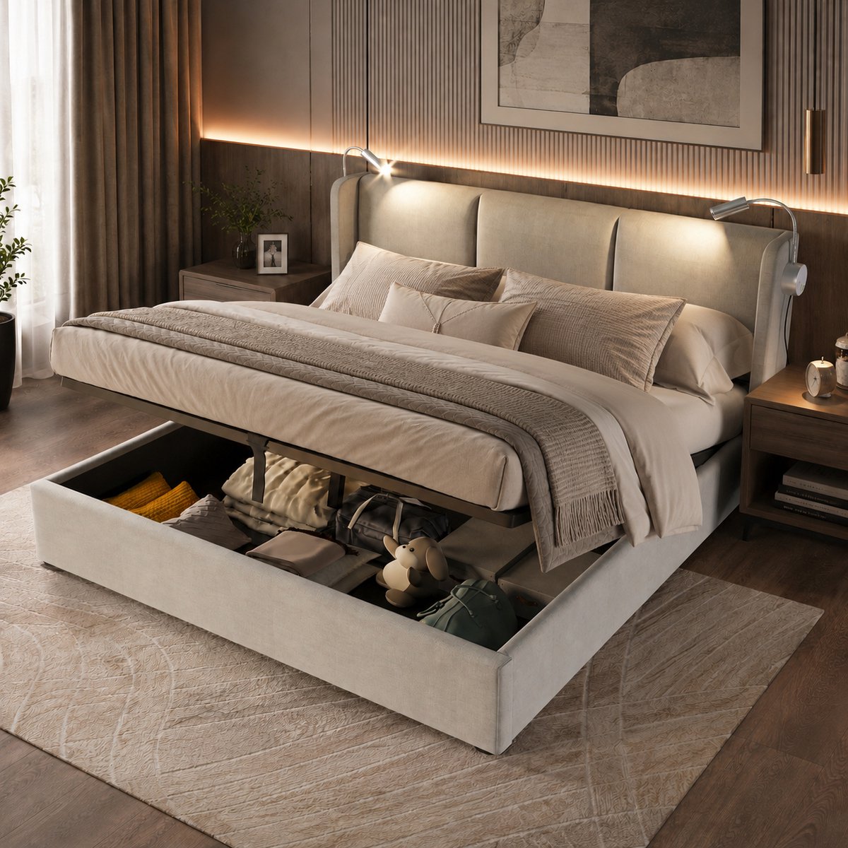 Boxspring Gestoffeerd Bed 160x200 cm met Leeslamp & Oplaadfunctie,Tweepersoonsbed met Lattenbodem en Hydraulische Hendel,Opbergbed, gestoffeerd bedframe,Linnen,grijs,Zonder Matras