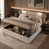 Boxspring Gestoffeerd Bed 160x200 cm met Leeslamp & Oplaadfunctie,Tweepersoonsbed met Lattenbodem en Hydraulische Hendel,Opbergbed, gestoffeerd bedframe,Linnen,grijs,Zonder Matras