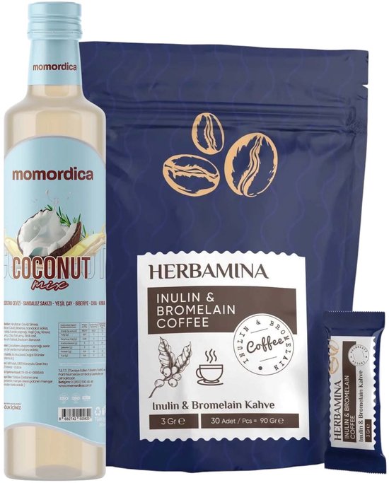 Donkerblauwe verpakking met Herbamina Inulin & Bromelain Coffee en een fles Momordica Coconut Mix.
