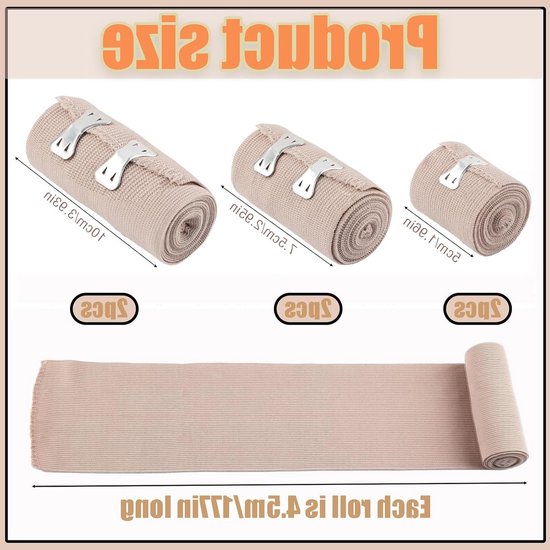 Set van 6 Elastische Compressiebandages met Metalen Clips voor Pols, Enkel en Knie - Ademend en Rekbaar Verband (5/7.5/10cm) — afbeelding 5