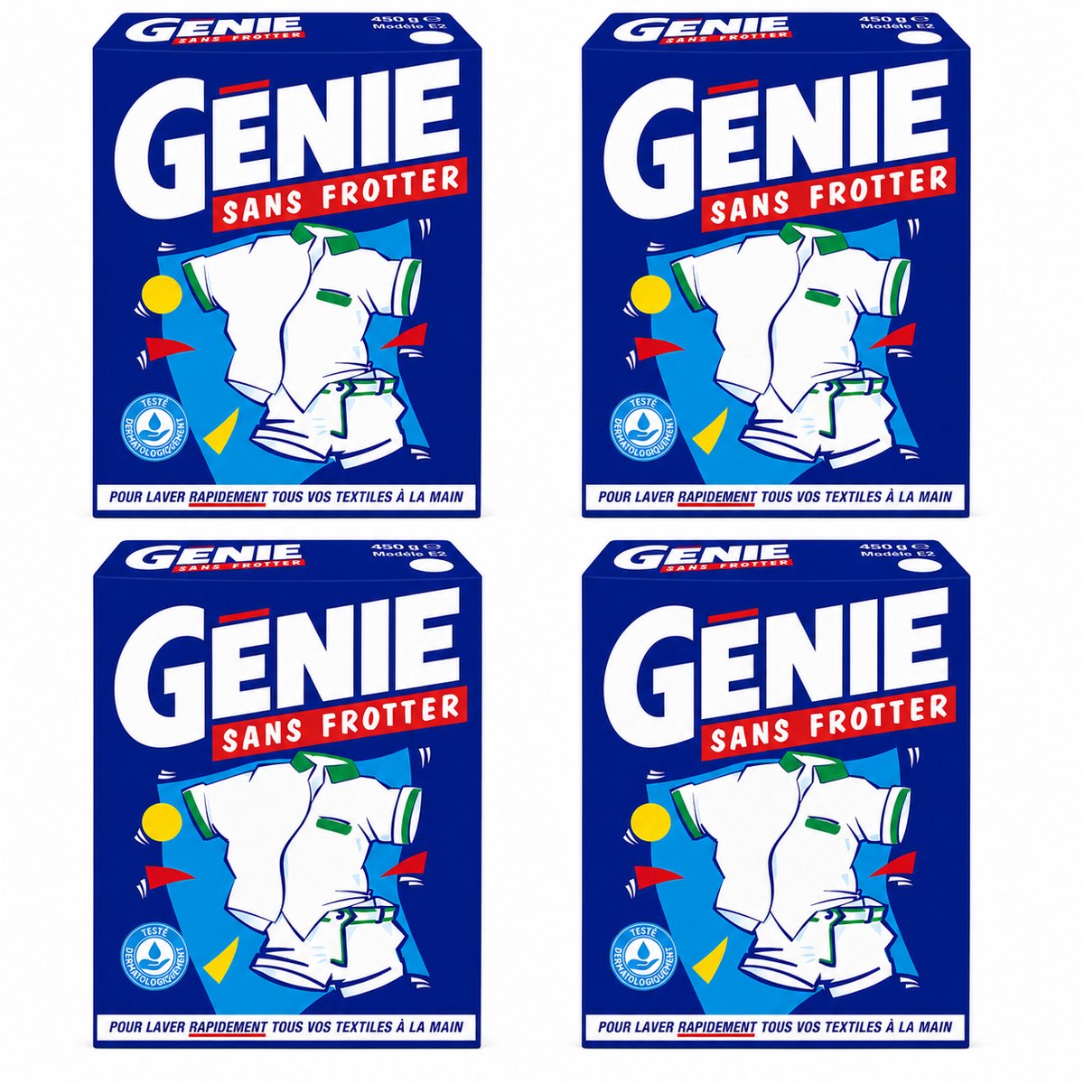 GENIE Sans Frotter Waspoeder 450 g - Set van 4 Pakken (1.8 kg Totaal) - Vlekverwijderaar Handwas Poeder voor Witte en Bonte Was - Werkt in Koud Water - Voordeelpak NIET GESCHIKT VOOR WASMACHINE