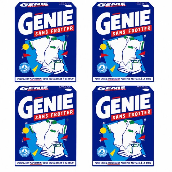 Doos Genie Sans Frotter waspoeder in het Nederlands, met een afbeelding van een witte polo met groene accenten.