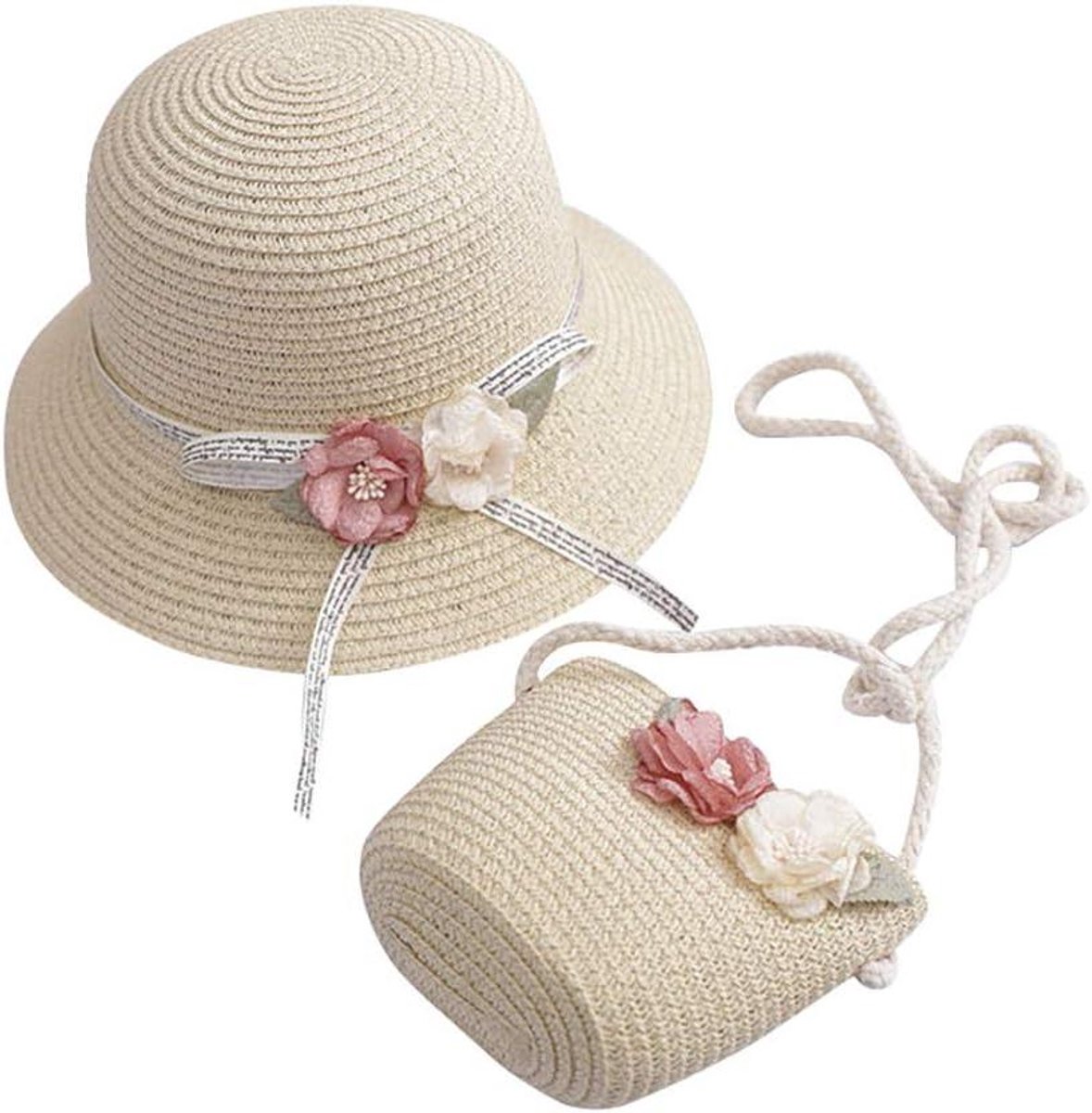 Kinder Zonnehoed met Tas - Bloemen Hoed Set - Zomerse Bescherming - Met Bijpassende Tas - One Size - Beige