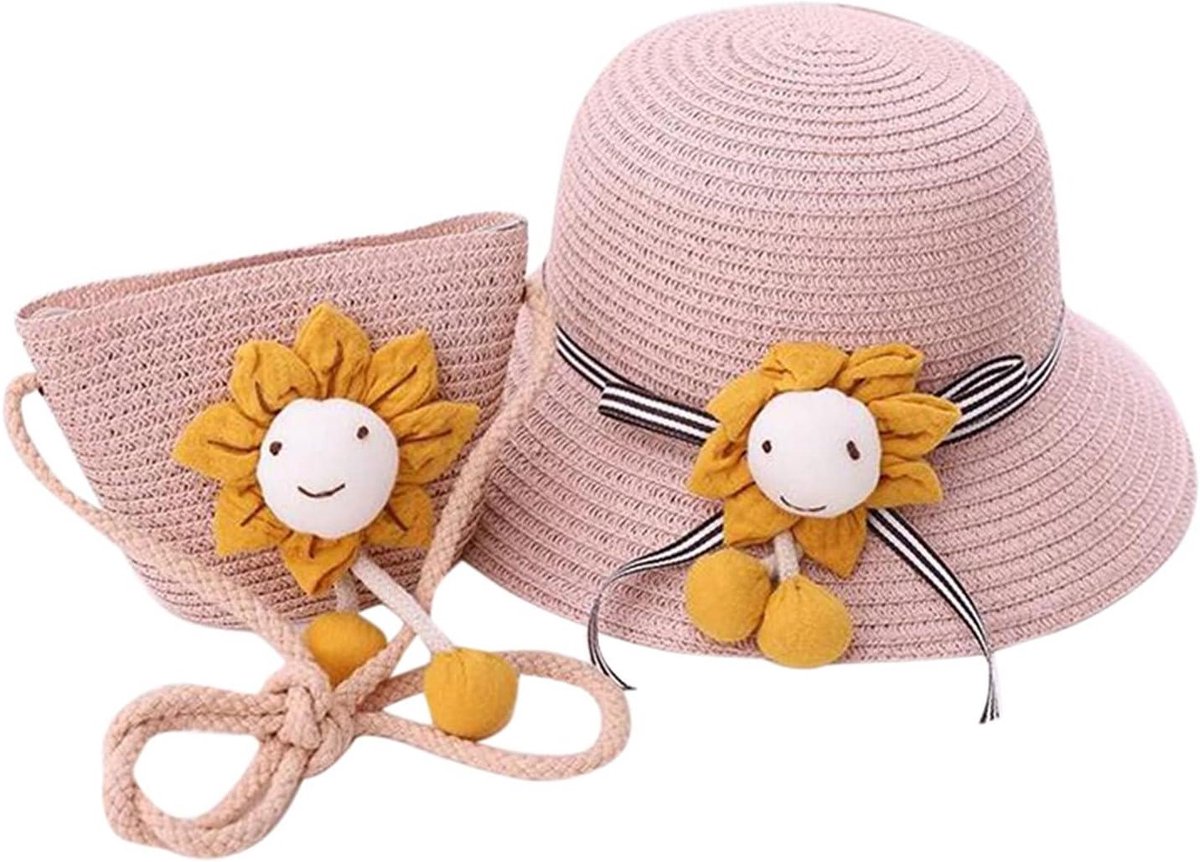 Kinder zonnehoed - Strohoed tas - Zomerse bescherming - Uniseks design - 52 cm omtrek - Roze