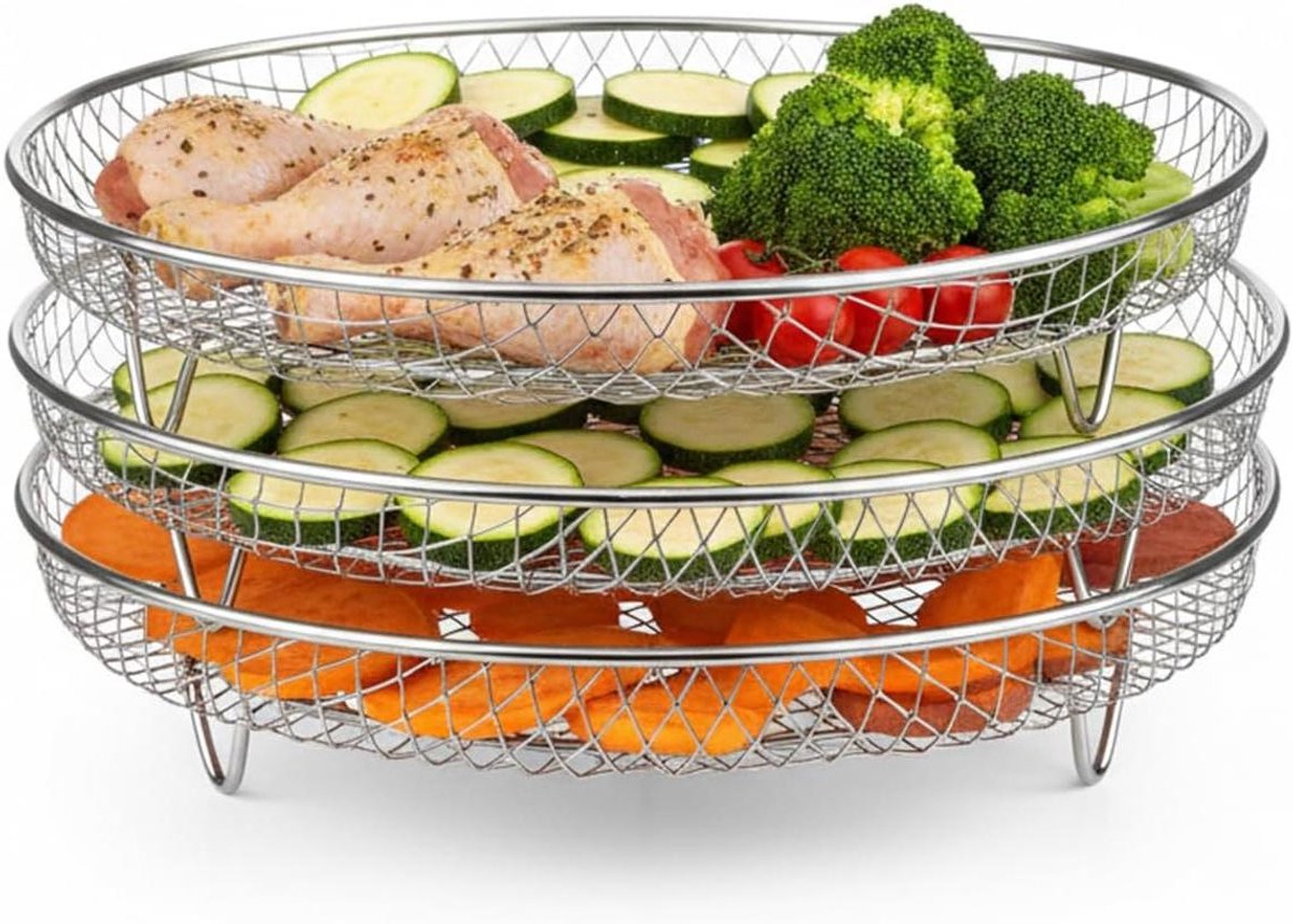 Fryer Accessoires Set - Keuken Racks - Gezond Koken - 3-Laags Ontwerp - 21 cm - Zilver