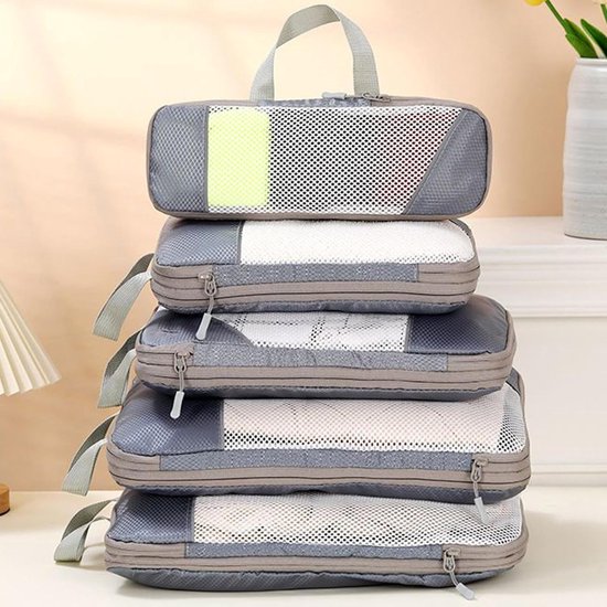 Set van 5 compressiezakken voor op reis, uitbreidbaar, scheurvast en waterdicht, geschikt voor het opbergen van kleding op reis en thuis, grijs. — afbeelding 4
