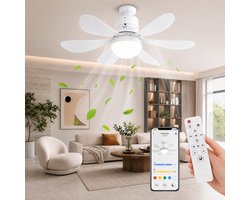MUPOO E27 Plafondventilator met Verlichting Ø52 cm- Stille plafonventilator afstandsbediening- 3 Kleurtemperaturen &3 Snelheden - Timer & Geheugenfunctie-Voor Slaapkamer Keuken Garage - Wit