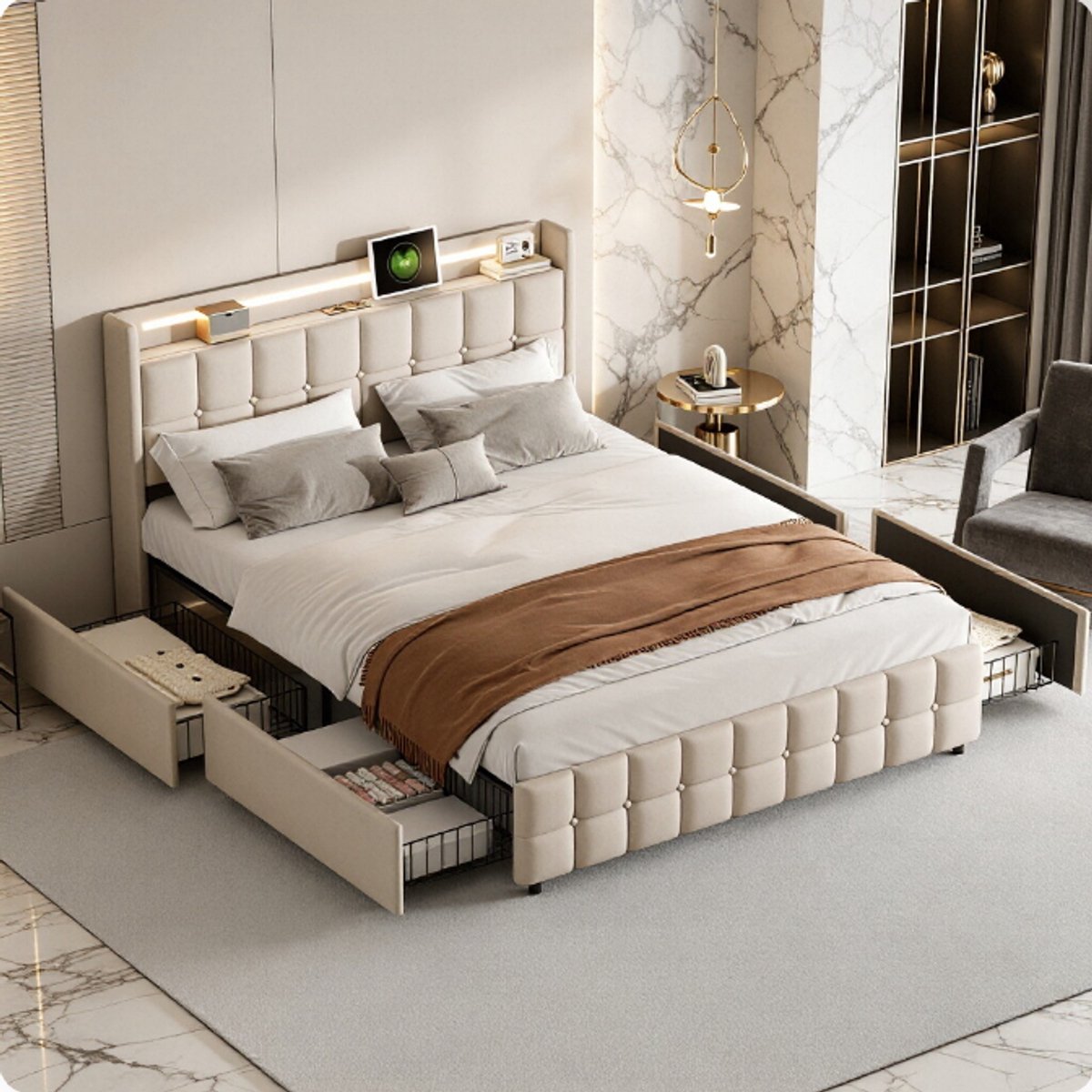 ROSAHQNDA Modern gestoffeerd bed met opbergruimte, 180 x 200 cm, tweepersoonsbed met ledverlichting en oplaadstation, 4 lades, Beige linnen hoes, zonder matras (verzonden in 3 pakketten)