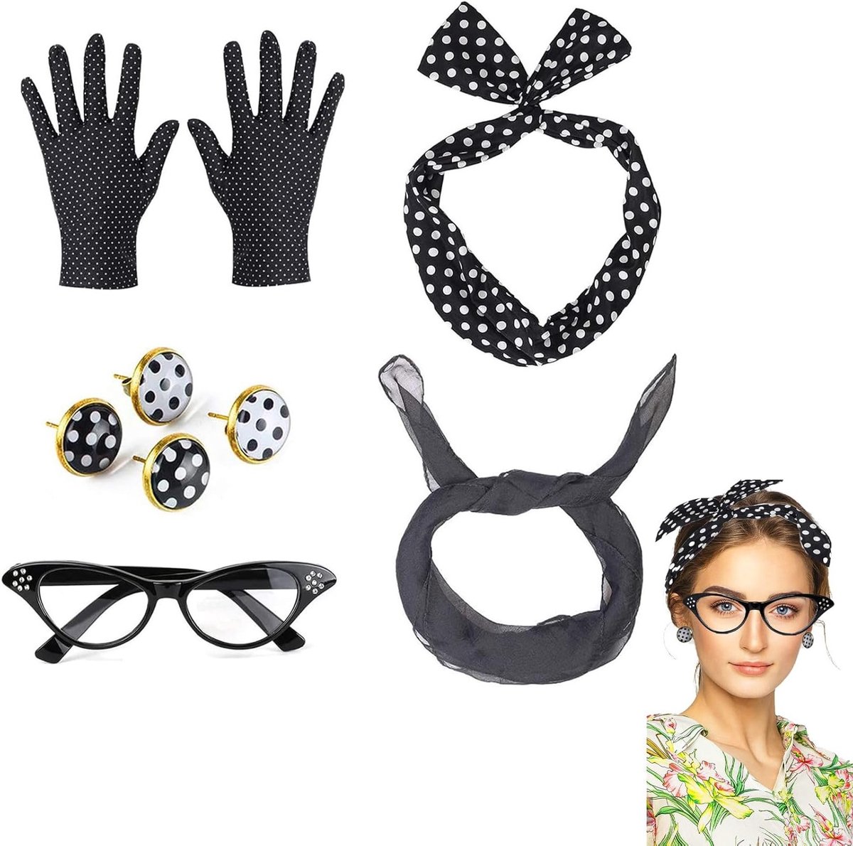 9-delige jaren '50 kostuumaccessoires set, Rockabilly stijl, polka dot bandana, nektie, haarband en oorbellen voor vrouwen