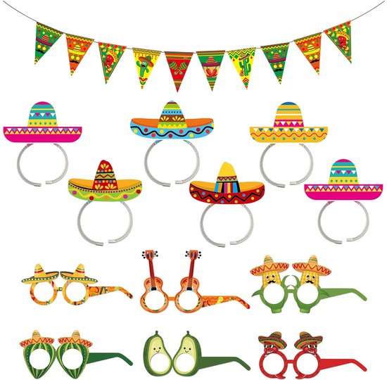 Cosensi - Dailygoods - 6 Stuks Mexicaanse Hoed Hoofdband en Glazen met Vlag
