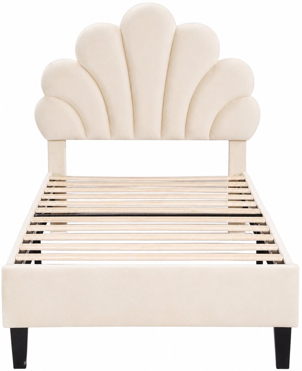 M Goods M-Goods - Eenpersoonsbed 90x200 - Fluwelen Bedframe met Bloem Hoofdbord - Kinderbed / Volwassenen - Lattenbodem Inclusief - Wit