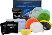 Koplamp polijst set met schuurpapiertjes met korrel P800 tot P3000, polijstpasta, beschermende vloeistof, sponsjes en een adapter.