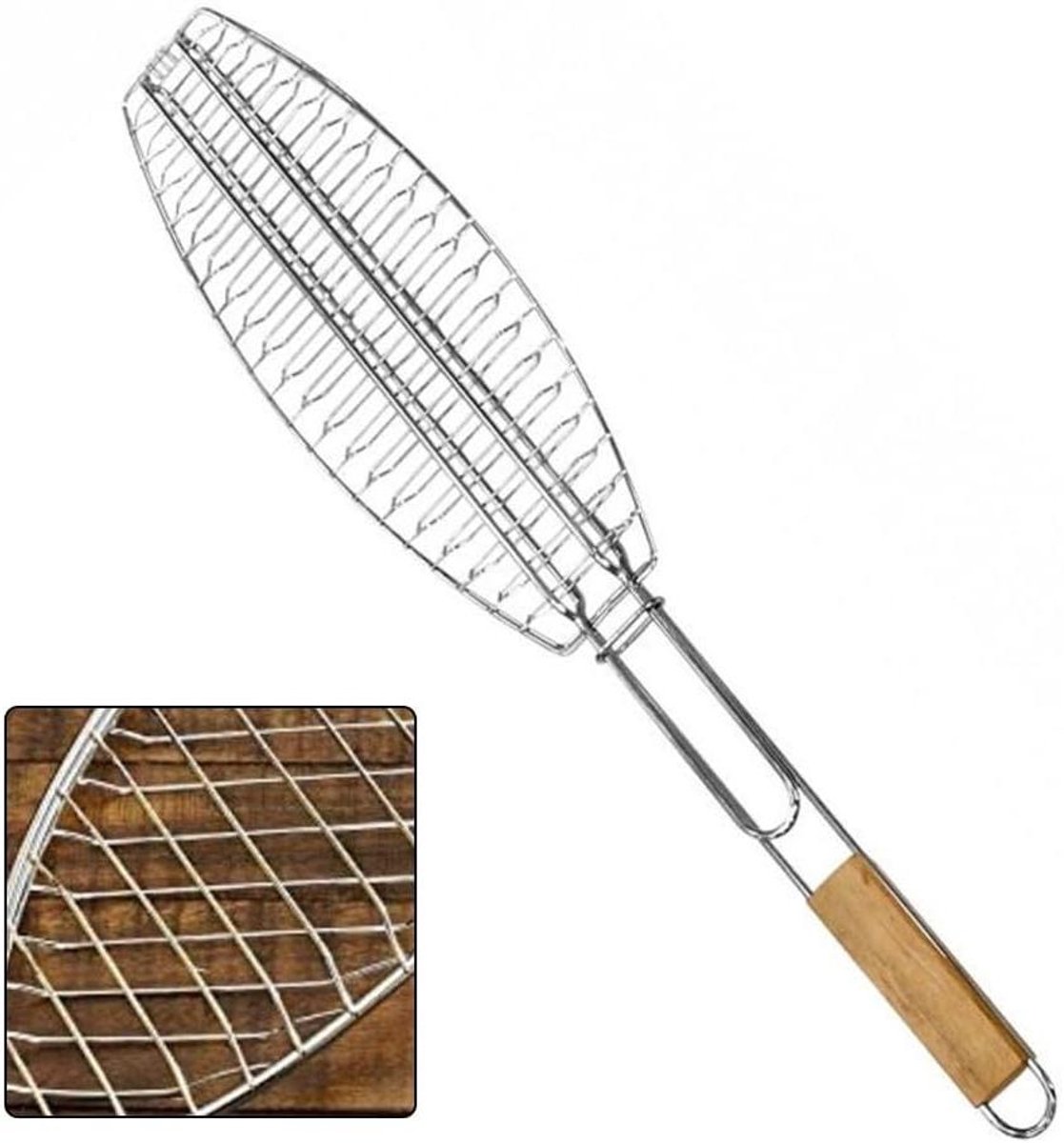 Vis Grillmand - Barbecue Houder - Buiten Koken - Met Houten Handvat - 56 cm Groot - Metaal