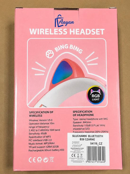 Draadloze Bluetooth Koptelefoon met FM, MP3 & LED Kattenoren–bluetooth koptelefoon–bluetooth headset– Draadloze Koptelefoon voor Kinderen–Led Verlichting –Katten Oortjes–zwart–55640