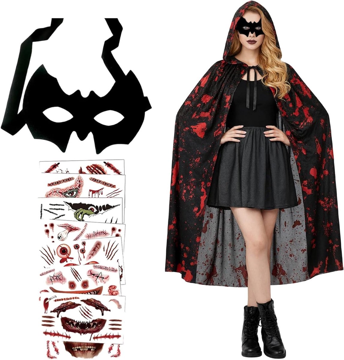 Zwarte Bloedige Vampiercape met Kap voor Volwassenen, inclusief Oogpatches en Tattoo Stickers voor Halloween, Carnaval en Feesten