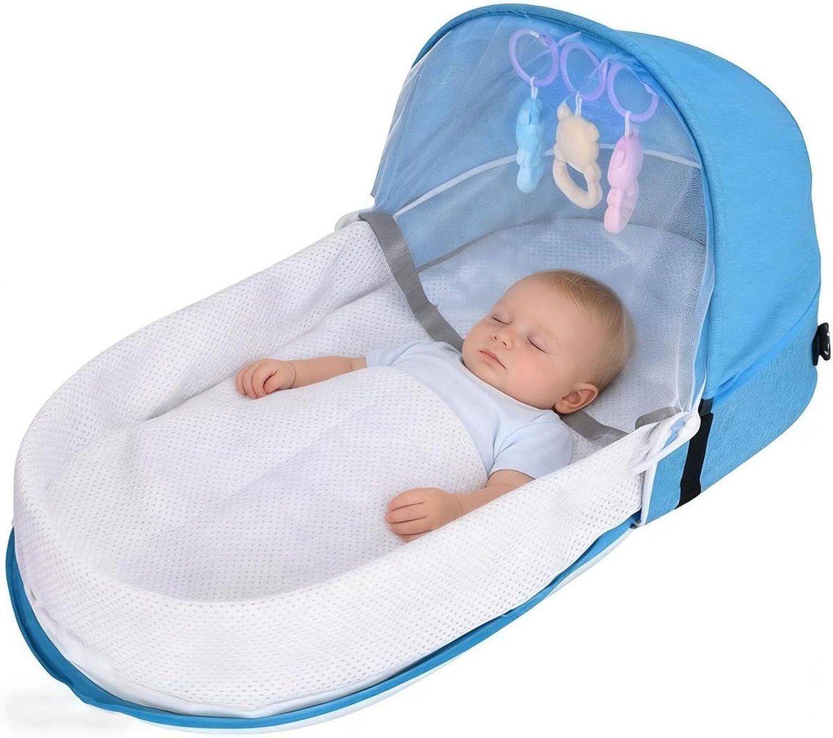 Draagbare Reiswieg - Kinderbedje Onderweg - Comfortabel Reizen - Inclusief Speelboog - 42 x 34 cm - Blauw