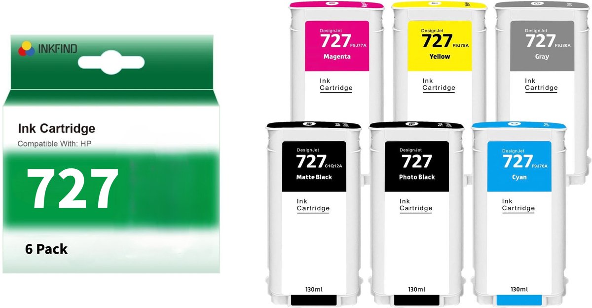 INKFIND 727 Zwart x 2+Kleur x 4 vervangt HP727 HP 727 B3P19A B3P20A B3P21A B3P22A B3P23A B3P24A inktcartridge hoge capaciteit - 6-pack PBKCMYMBK
