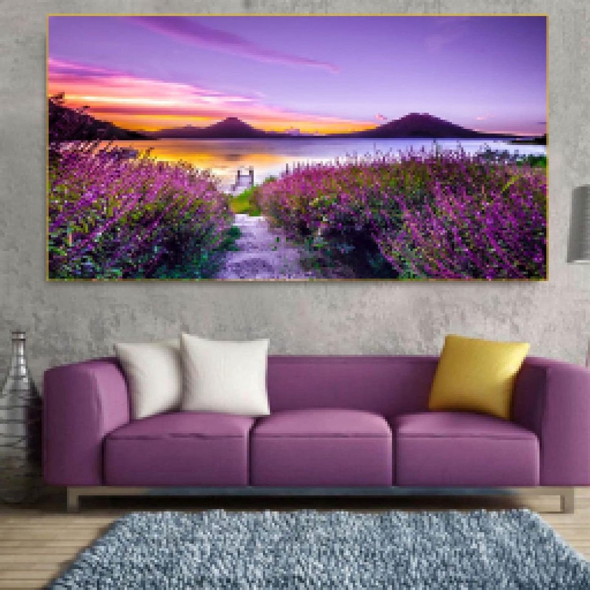 Moderne muurkunst landschapsfoto's lavendel posters en prints paarse bloem canvas schilderij voor woonkamer woondecoratie 80x160cm (31x63in) metframe