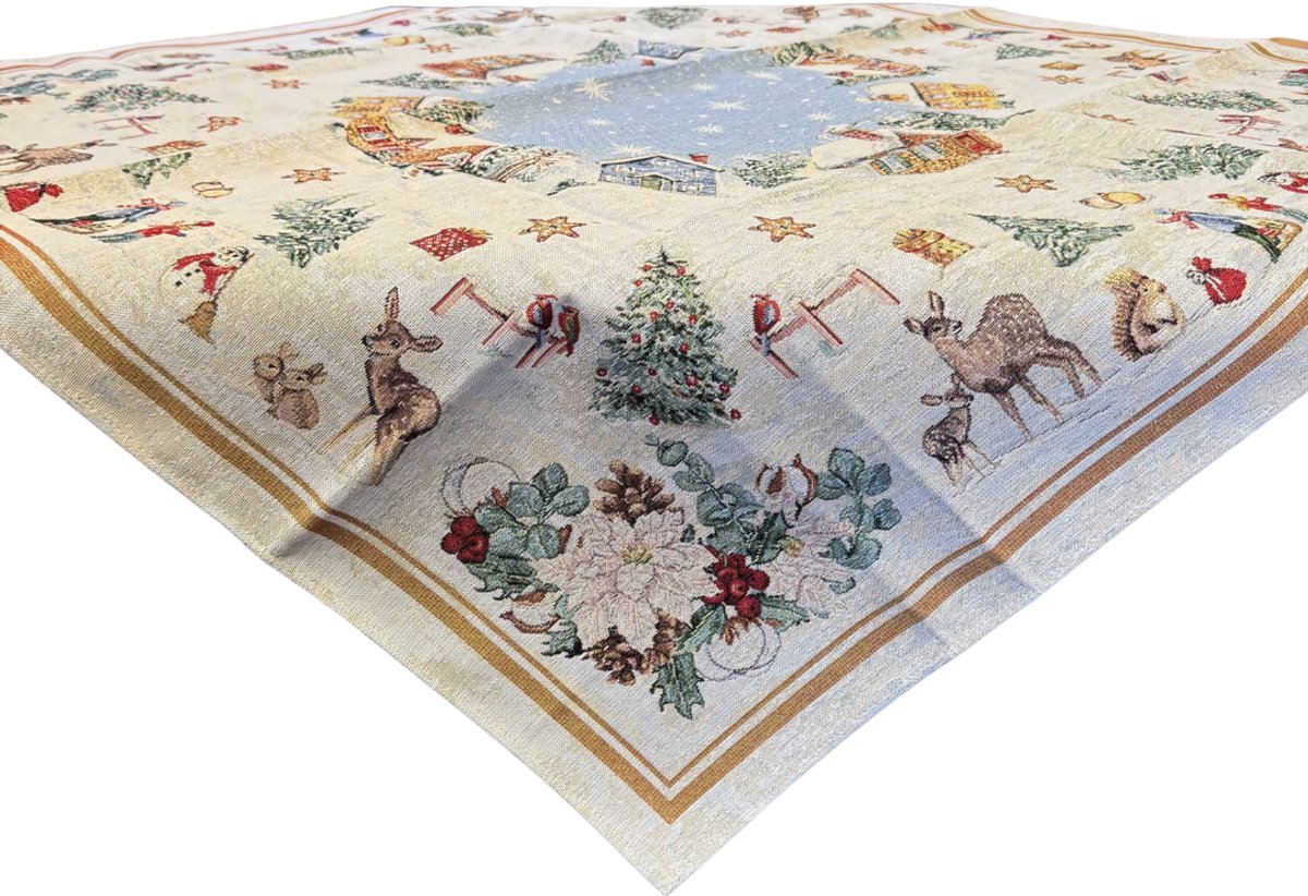 Tafelkleed - luxe Gobelinstof - Kerst - Snowy Mountains - 100 x 100 cm - met goud glitterdraad