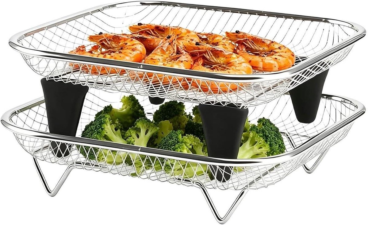 Airfryer Lade - Stapelrek Set - Maaltijden Bereiden - Roestvrij Staal - 18x18 cm - Zilver