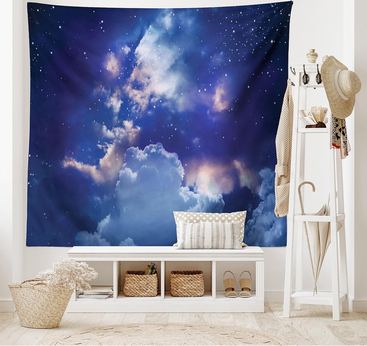 ABAKUHAUS Neveltapijt, Sterrenkamer, Woonkamer Slaapkamer Wanddoek Zijdezacht satijn wandtapijt, 200 x 150 cm, Blauw-wit