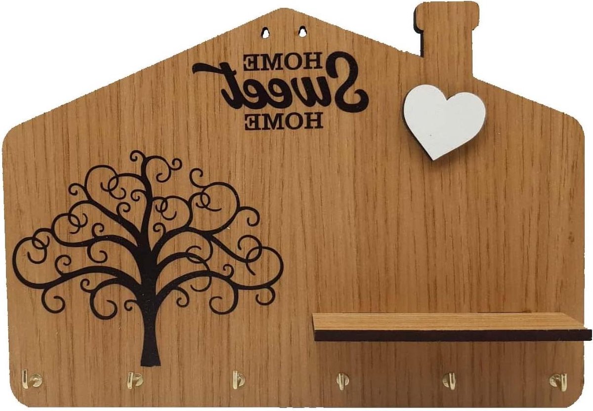 Sleutelrek Hout - Wand Organizer - Thuis Opbergen - Levensboom Motief - 21.5 x 15 cm - Houtkleur