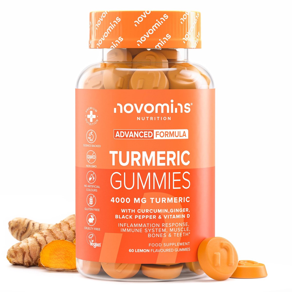 Kurkuma 4000 mg, met Gember & Zwarte Peper, 60 Gummies, Vegan, Halal, Getest door Eurofins, Novomins