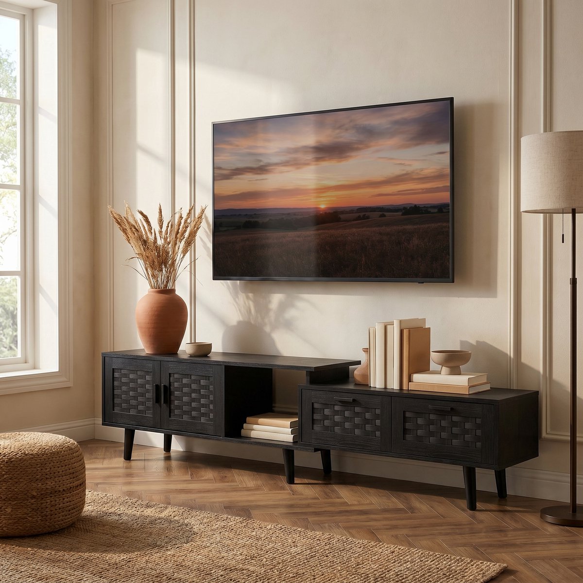 TV-Meubel, Houten TV-Kast, 2 Lades, 2 Kastdeuren, 1 Open Opbergvak, Gevlochten Rotan TV-Meubel, Verstelbare TV-Tafel, Geschikt Voor TV-Plaatsing (Zwart)