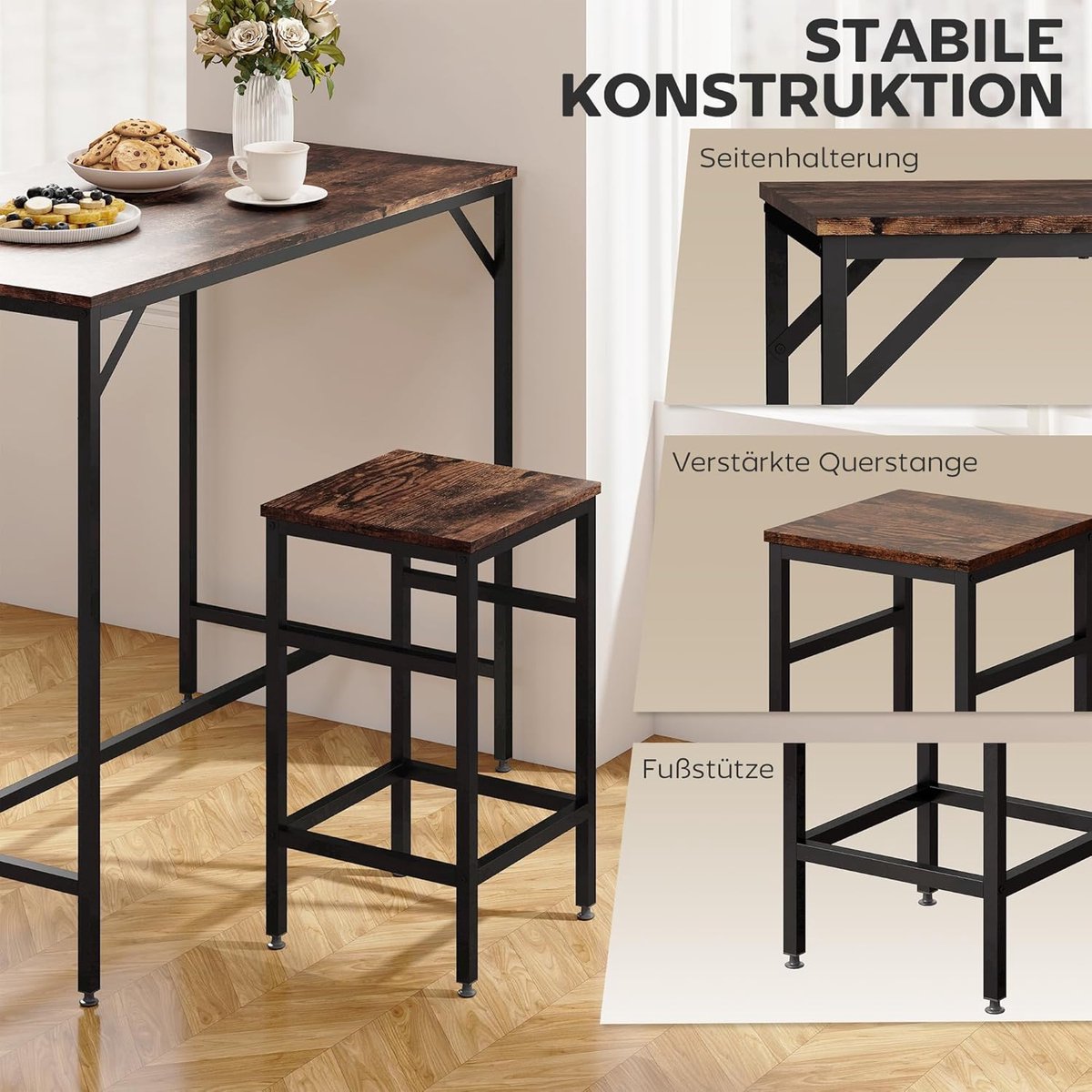 RusticSteel UrbanDining Bartafelset 5-delig met 4 Barkrukken 100 x 60 x 88 cm – Industriële Keuken- en Eetkamerset van Spaanplaat en Staal – Rustiek Bruin & Zwart