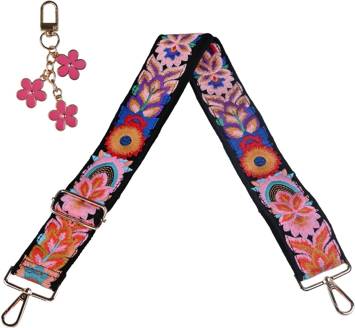 Verstelbare schoudertasriem in zwart, 85-135 cm, ideaal voor handtassen, met bloemenpatroon en sleutelhanger, 5 cm breed, perfect voor dagelijks gebruik.