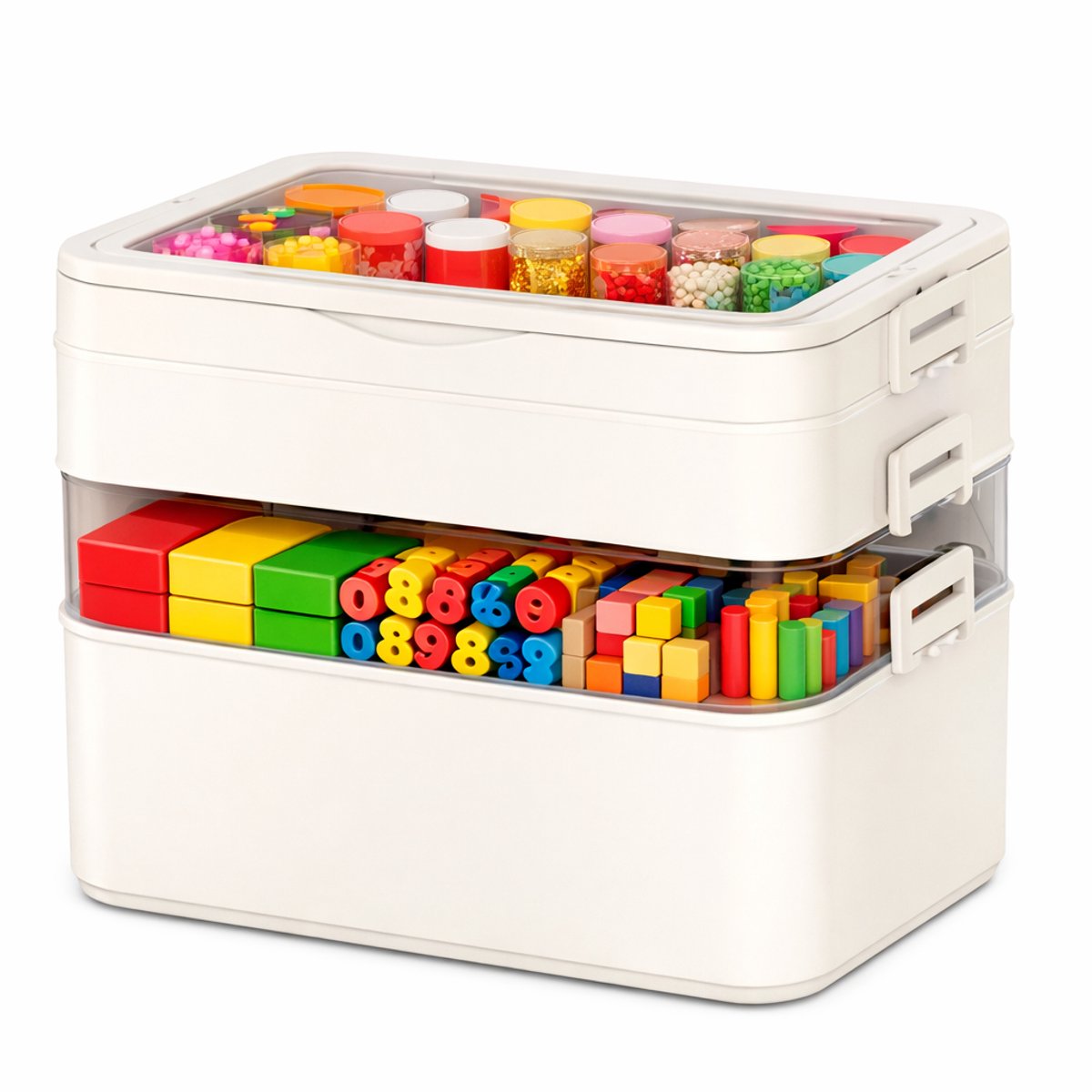 Sterke stapbare Opbergbox - 4 lagen - Om allerlei spullen te ordenen - Multifunctioneel - Transparant Deksel - Dubbele Handgreep - Clipsluiting - 14 l - Offwhite - Sterk Materiaal - Stapelbare opbergdoos - Organizer - Opberger - Sorteerdoos