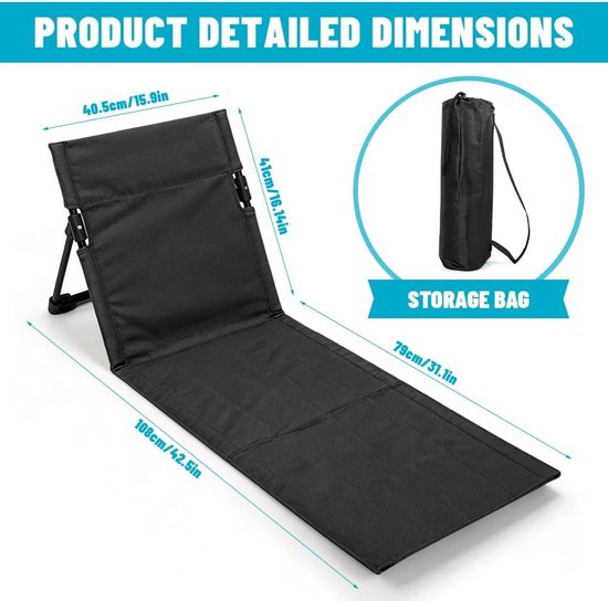 Strandmat met Rugleuning - opvouwbare kampeerstoel - Opvouwbare strandstoel - Vouwstoel / kussen - campingstoel buiten - Klapstoel - draagbare campingstoel met opbergtas - lichtgewicht strandvloerstoel - Ultiem Strandcomfort - Zwart — afbeelding 5