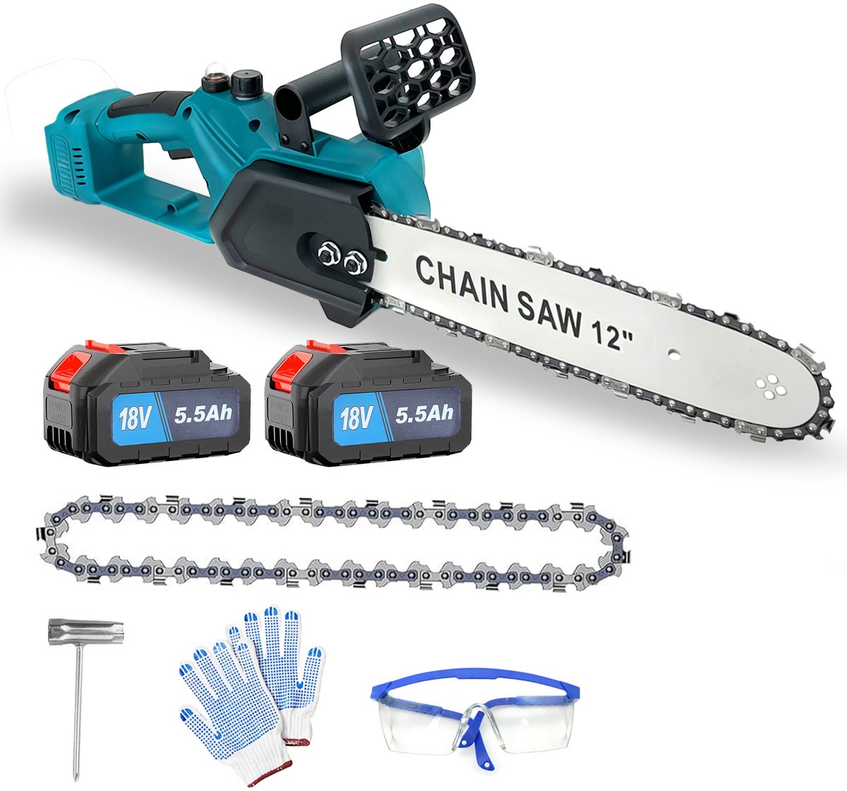 12 inch borstelloze elektrische kettingzaag, draadloos, 18V, werkt op 2 accu's van 5500mAh, 1100W, verbeterde draagbare compacte handkettingzaag voor het zagen van hout, blauw