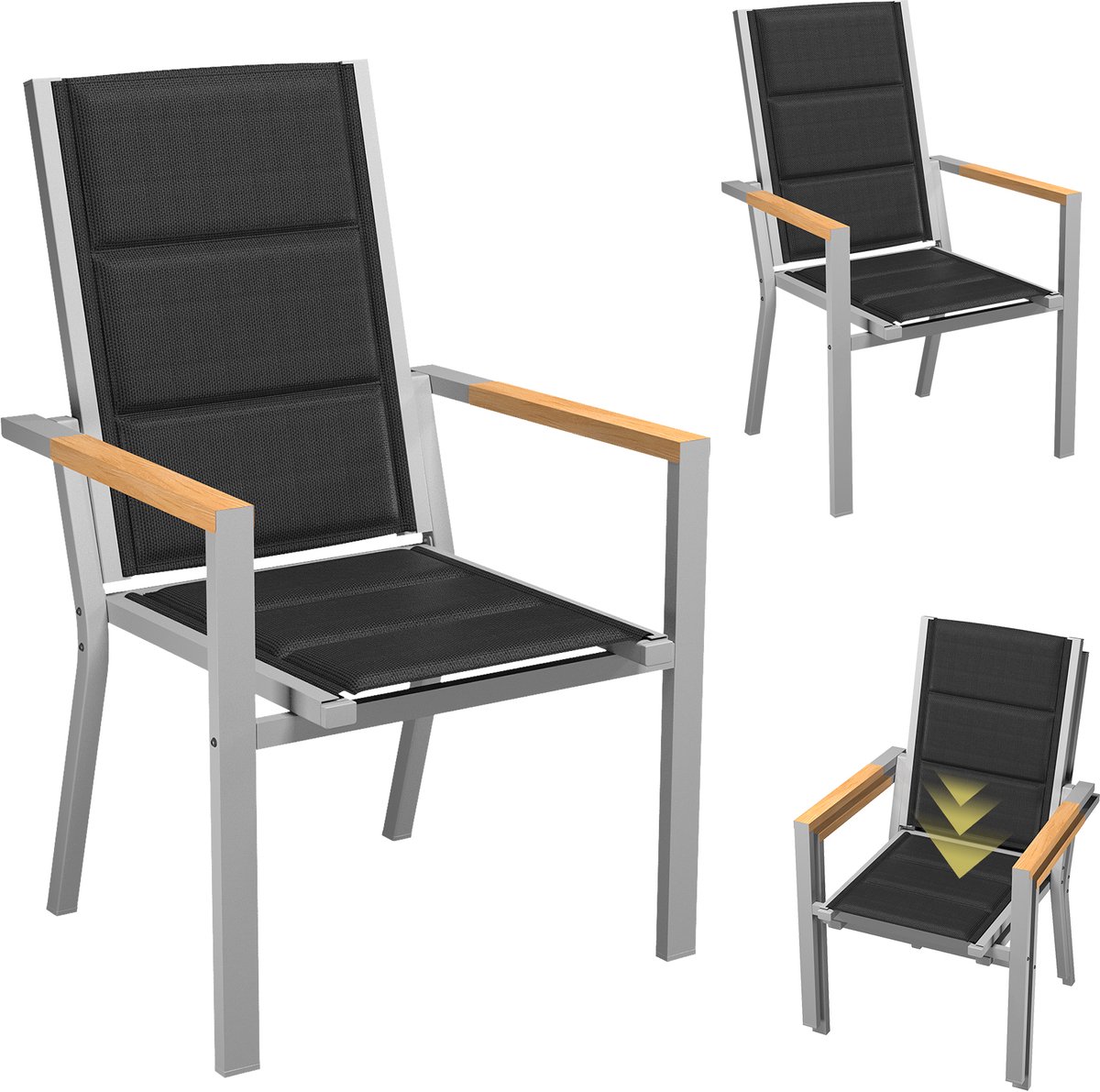 Devoko Aluminium Tuinstoelen 2x -Tuinstoel met armleuningen in houtnerfstructuur - Teslinstof + sneldrogend katoen - Stapelbaar - Hoge rugleuning - Versterkte boogconstructie- 65x58x99 cm -160 kg-Geschikt voor kamperen, terrassen en tuinen-Lichtgrijs